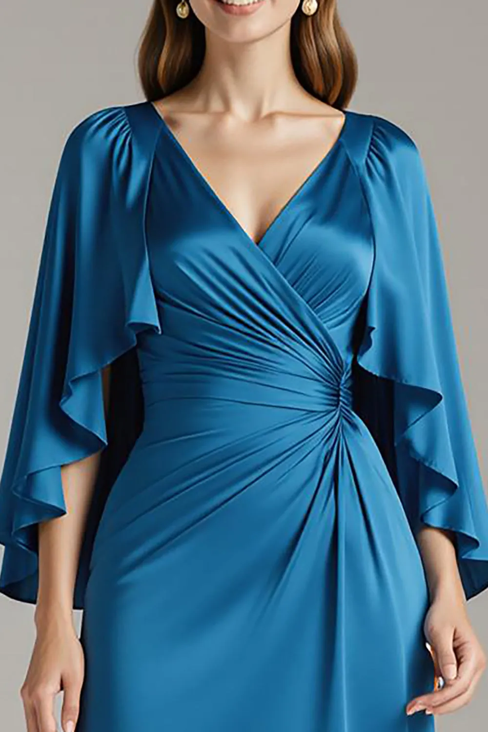 Royal Blue Satin V-Neck Long Black Tie Dress with Sleeves sold by Zapaka product image thumbnail 3