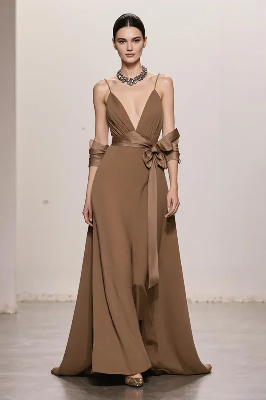 Terracotta A Line Spaghetti Straps Long Black Tie Dress with Bow sold by Zapaka