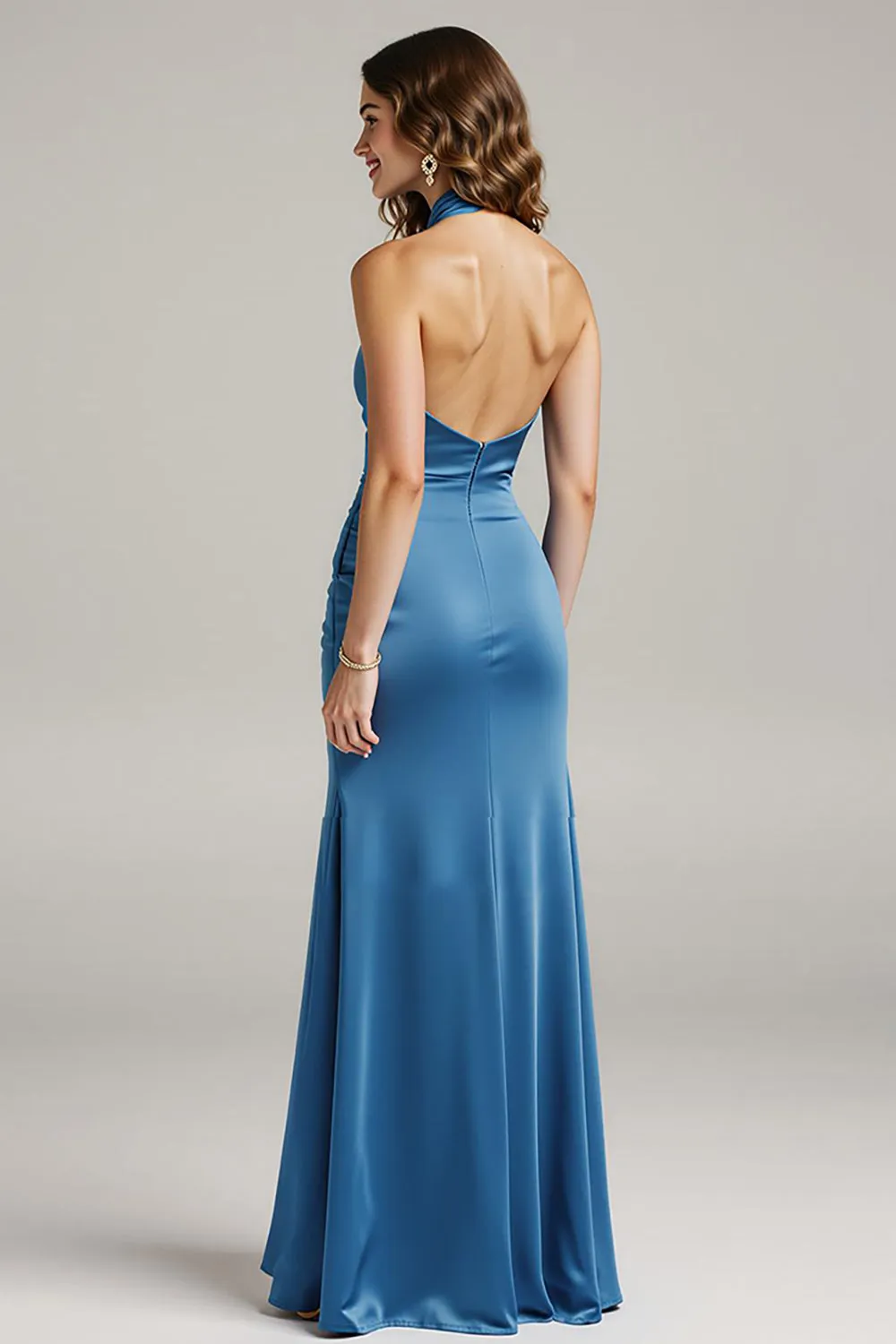 Royal Blue Satin Halter Long Black Tie Dress with Pocket sold by Zapaka product image thumbnail 2