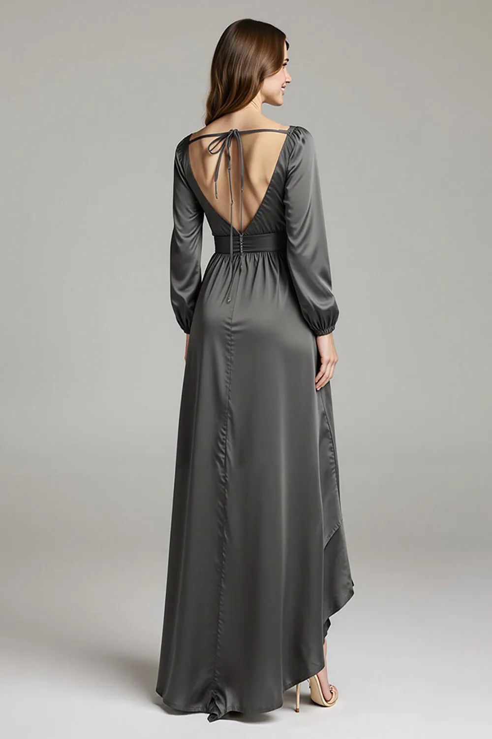 Steel Grey A Line Satin V-Neck Asymmetrical Long Black Tie Dress sold by Zapaka product image thumbnail 2