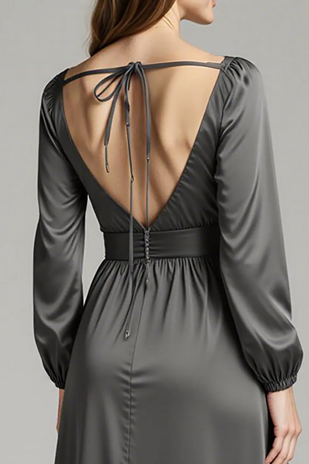 Steel Grey A Line Satin V-Neck Asymmetrical Long Black Tie Dress sold by Zapaka product image thumbnail 4