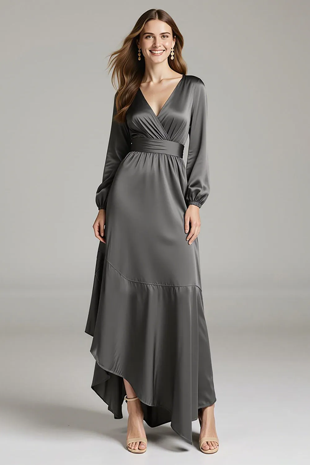 Steel Grey A Line Satin V-Neck Asymmetrical Long Black Tie Dress sold by Zapaka