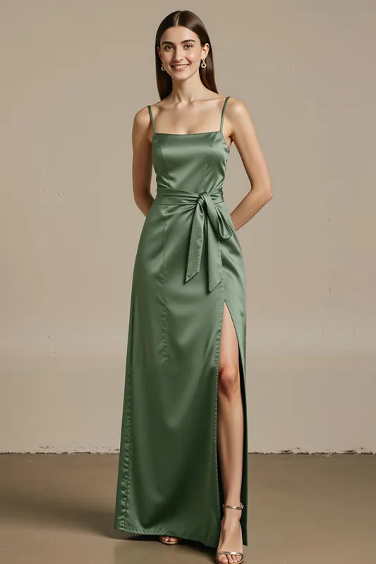 Light Green Satin A Line Long Black Tie Dress with Slit sold by Zapaka