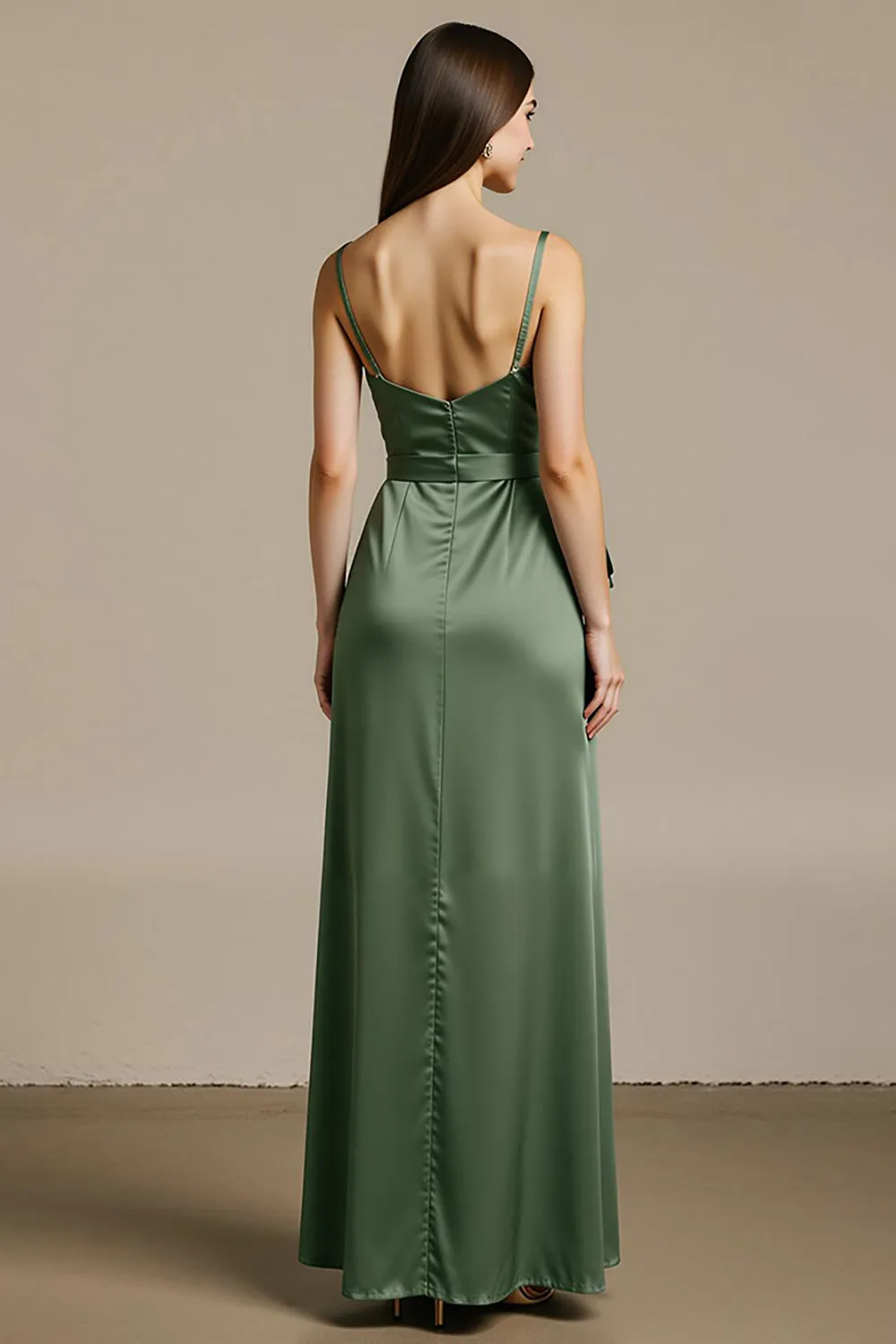 Light Green Satin A Line Long Black Tie Dress with Slit sold by Zapaka product image thumbnail 2