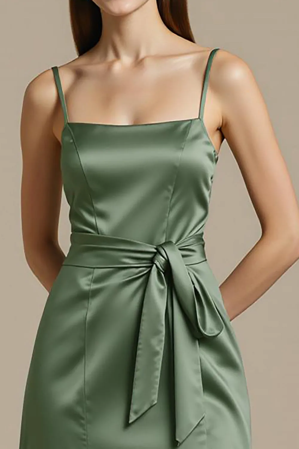 Light Green Satin A Line Long Black Tie Dress with Slit sold by Zapaka product image thumbnail 3