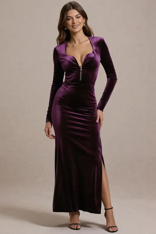 Plum Sheath Long Sleeves Black Tie Dress with Slit sold by Zapaka
