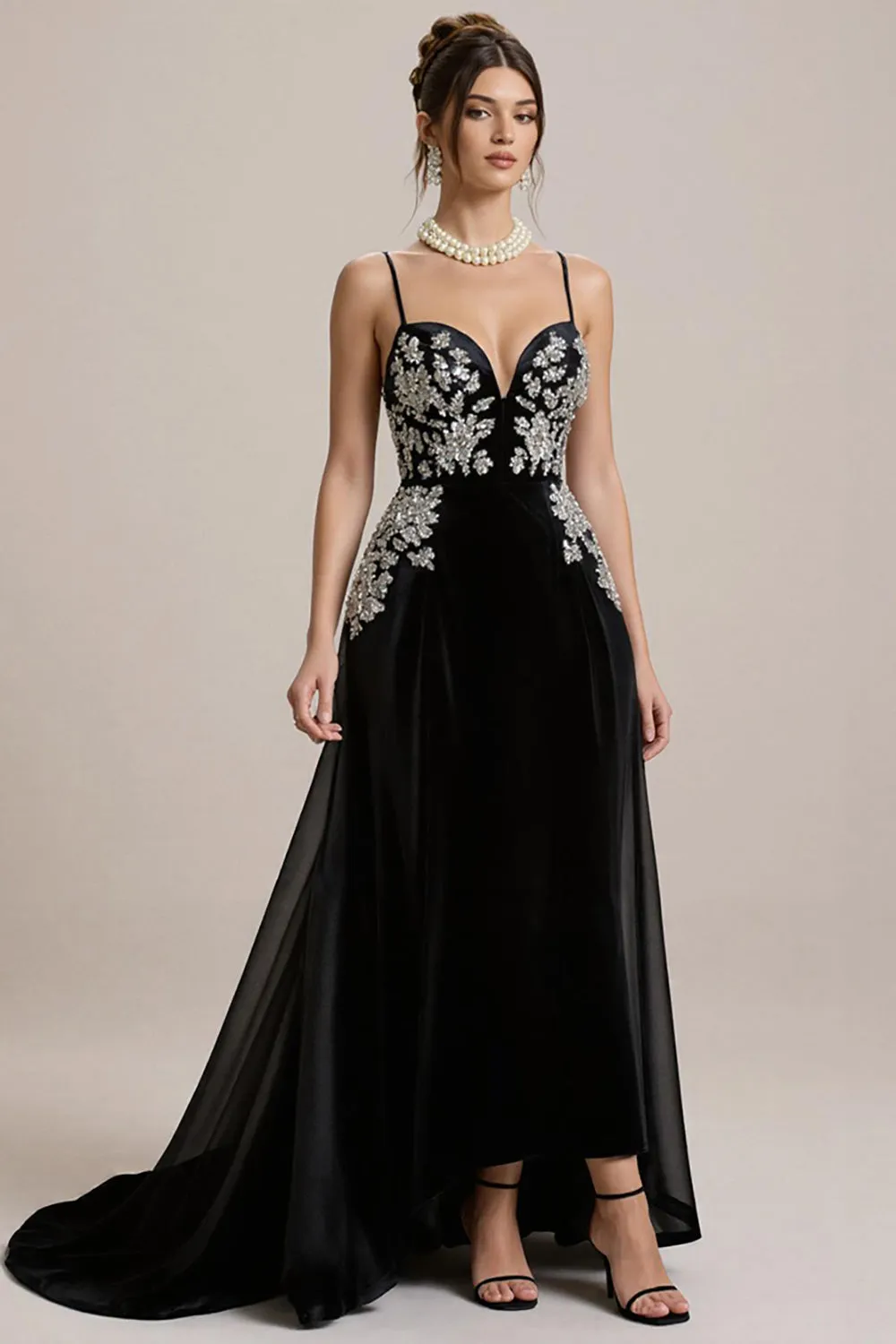 Black A Line Spaghetti Straps Long Black Tie Dress with Appliques sold by Zapaka