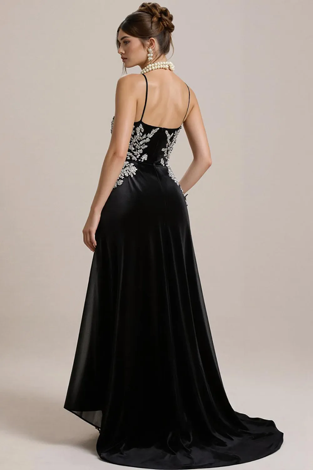 Black A Line Spaghetti Straps Long Black Tie Dress with Appliques sold by Zapaka product image thumbnail 2