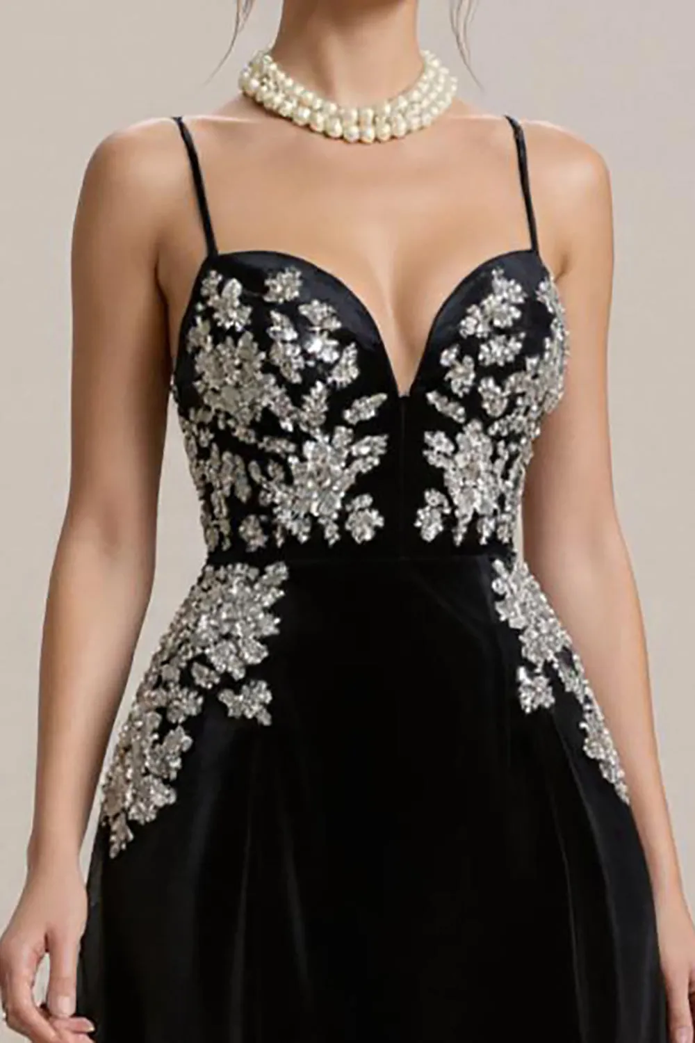 Black A Line Spaghetti Straps Long Black Tie Dress with Appliques sold by Zapaka product image thumbnail 3
