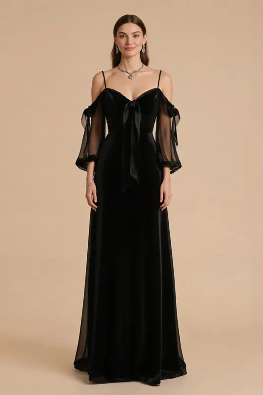 Black A Line Cold Shoulder Long Black Tie Dress with Sleeves sold by Zapaka