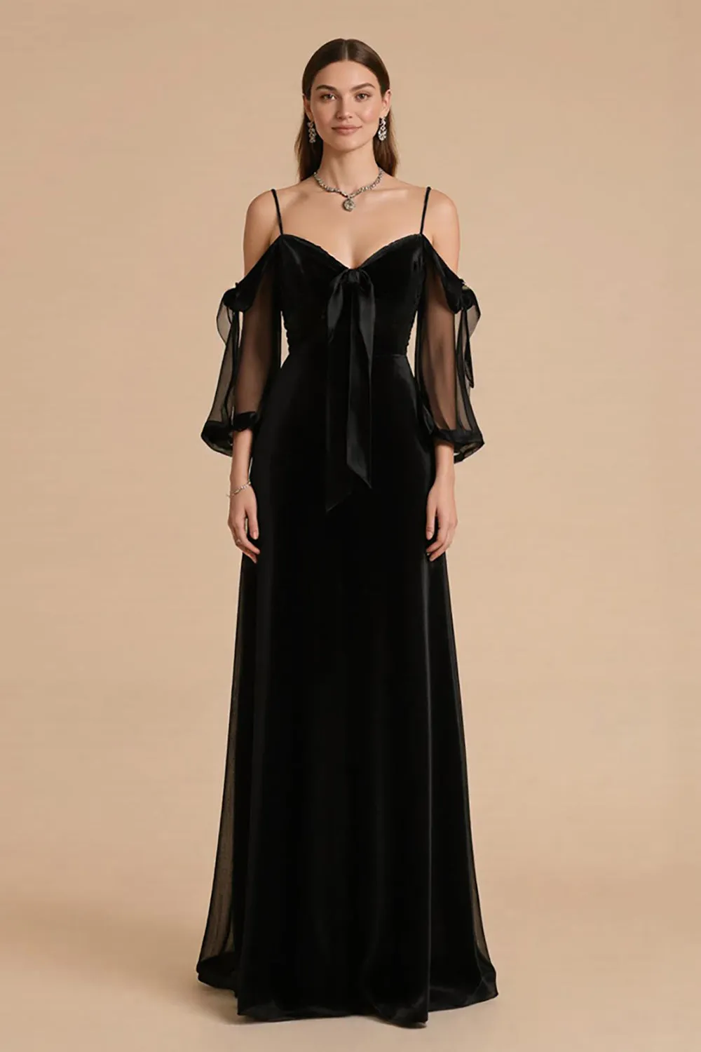 Black A Line Cold Shoulder Long Black Tie Dress with Sleeves sold by Zapaka