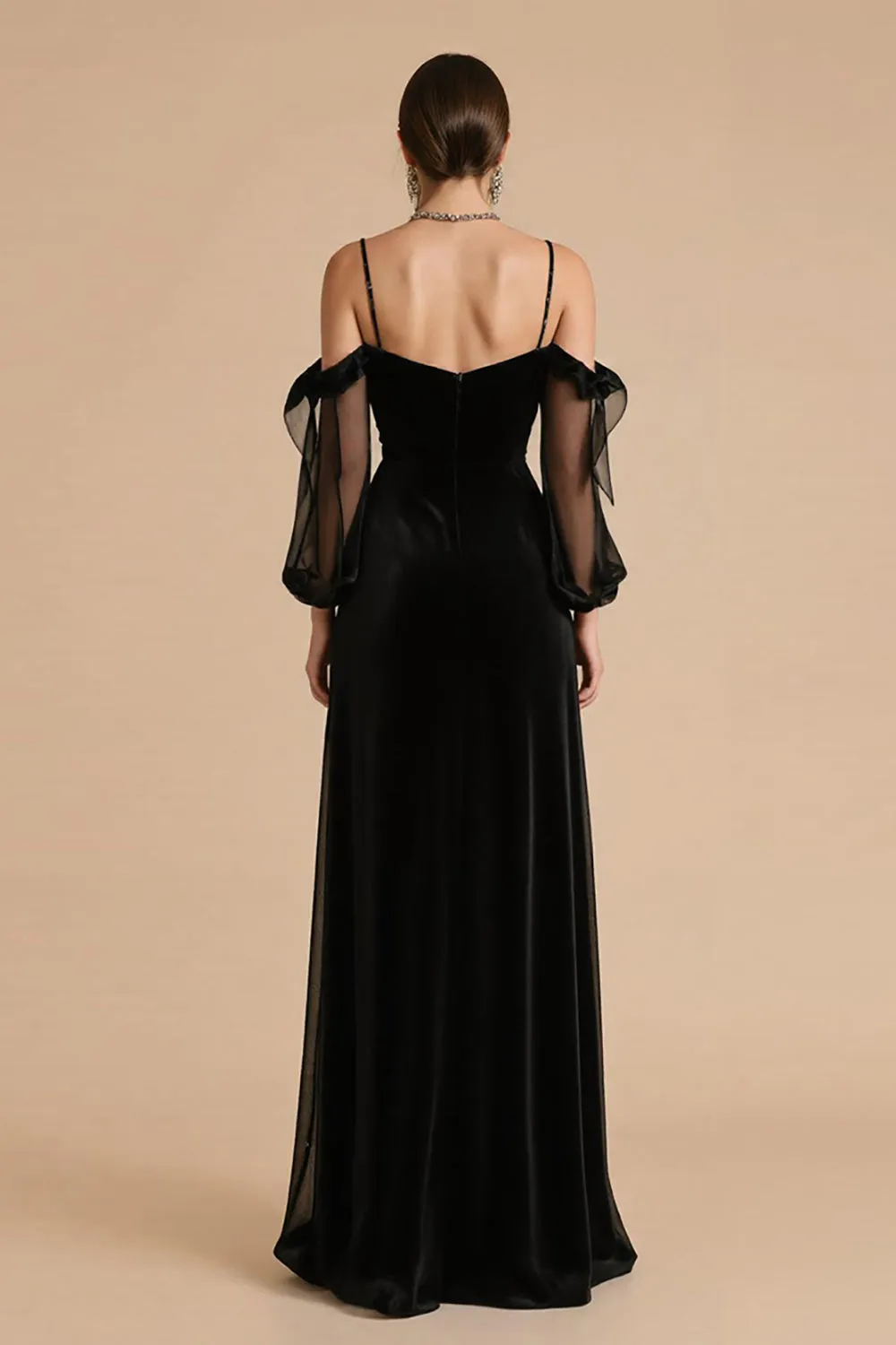 Black A Line Cold Shoulder Long Black Tie Dress with Sleeves sold by Zapaka product image thumbnail 2