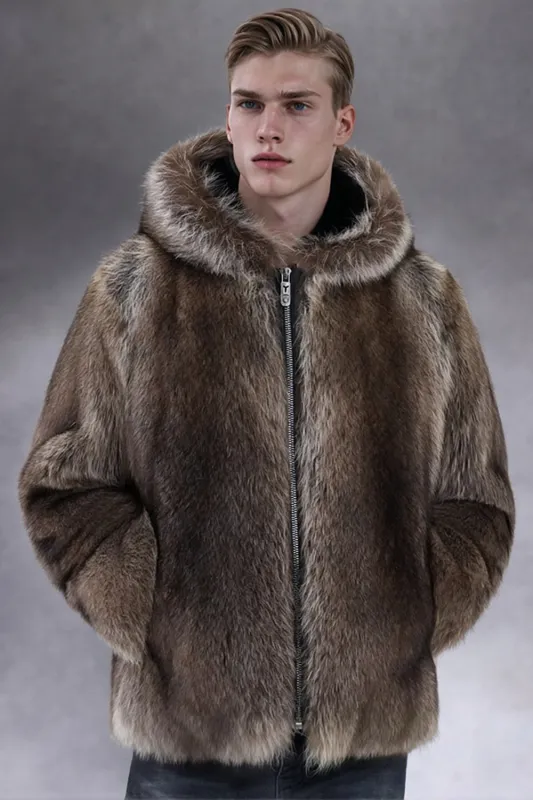Coffee Thick Faux Fur Hooded Men's Winter Coat sold by Zapaka