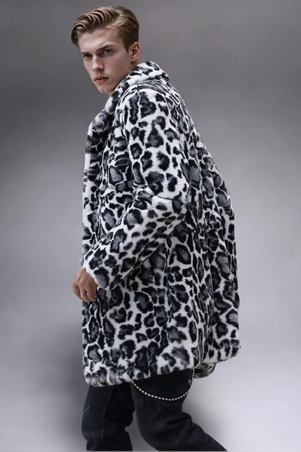Black and White Shawl Lapel Faux Fur Leopard Men's Coat sold by Zapaka product image thumbnail 2