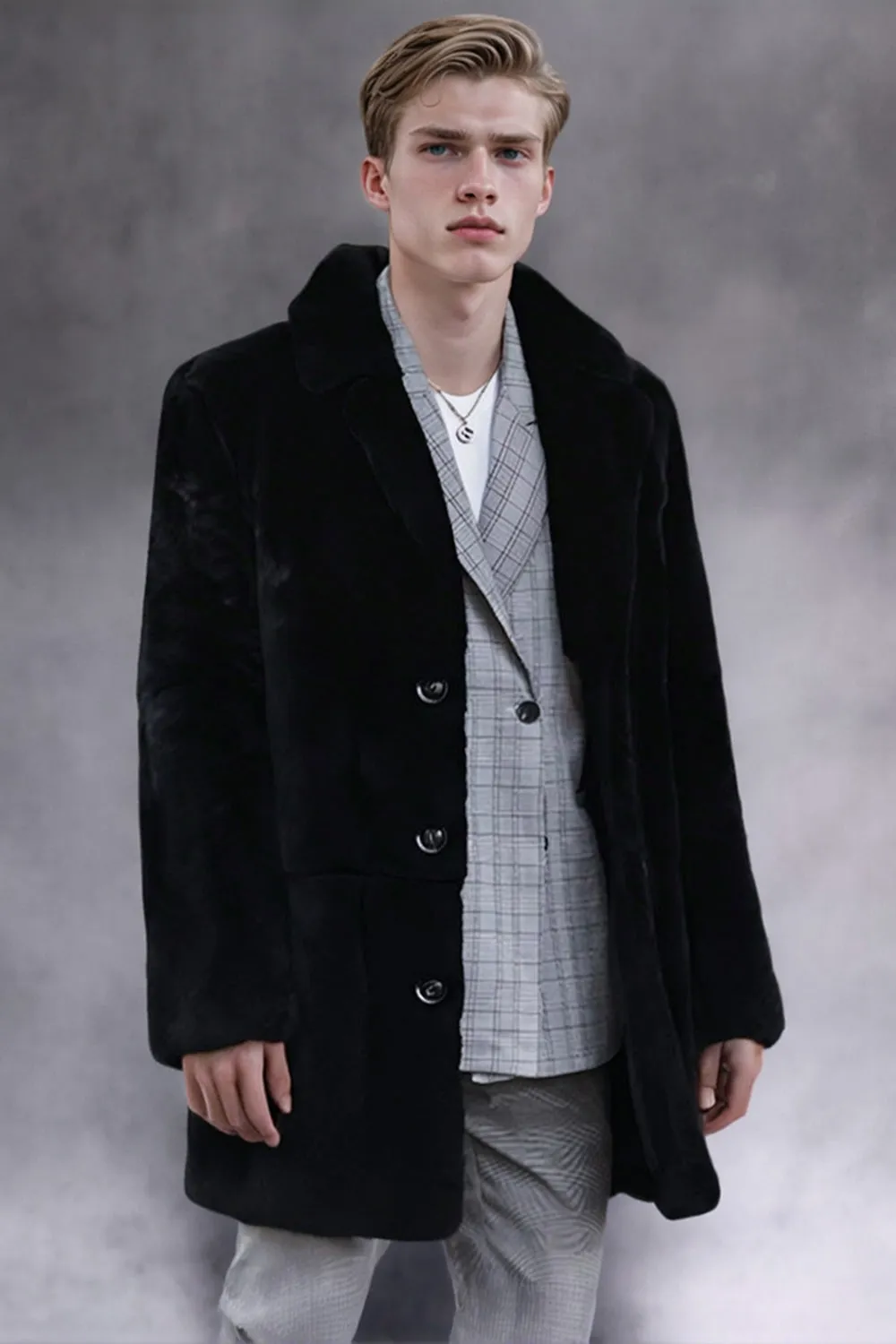 Black and White Shawl Lapel Faux Fur Leopard Men's Coat sold by Zapaka product image thumbnail 4