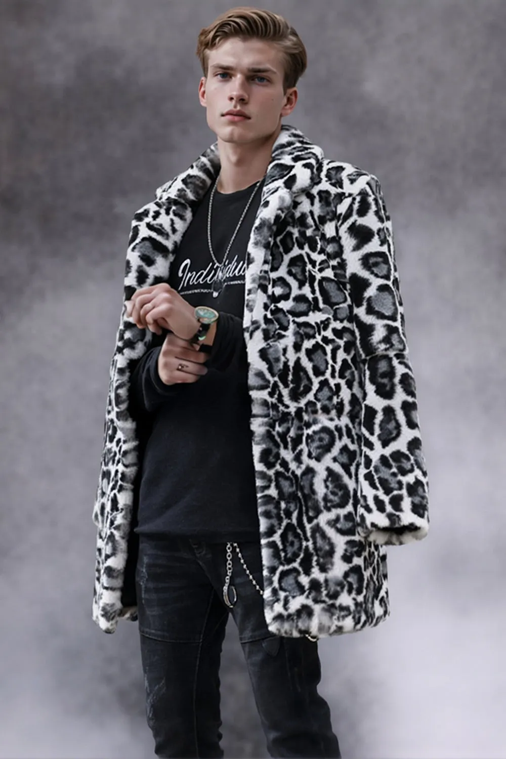 Black and White Shawl Lapel Faux Fur Leopard Men's Coat sold by Zapaka