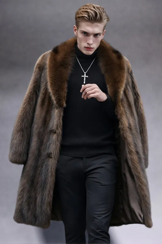 Camel Shawl Lapel Faux Fur Long Men's Coat sold by Zapaka