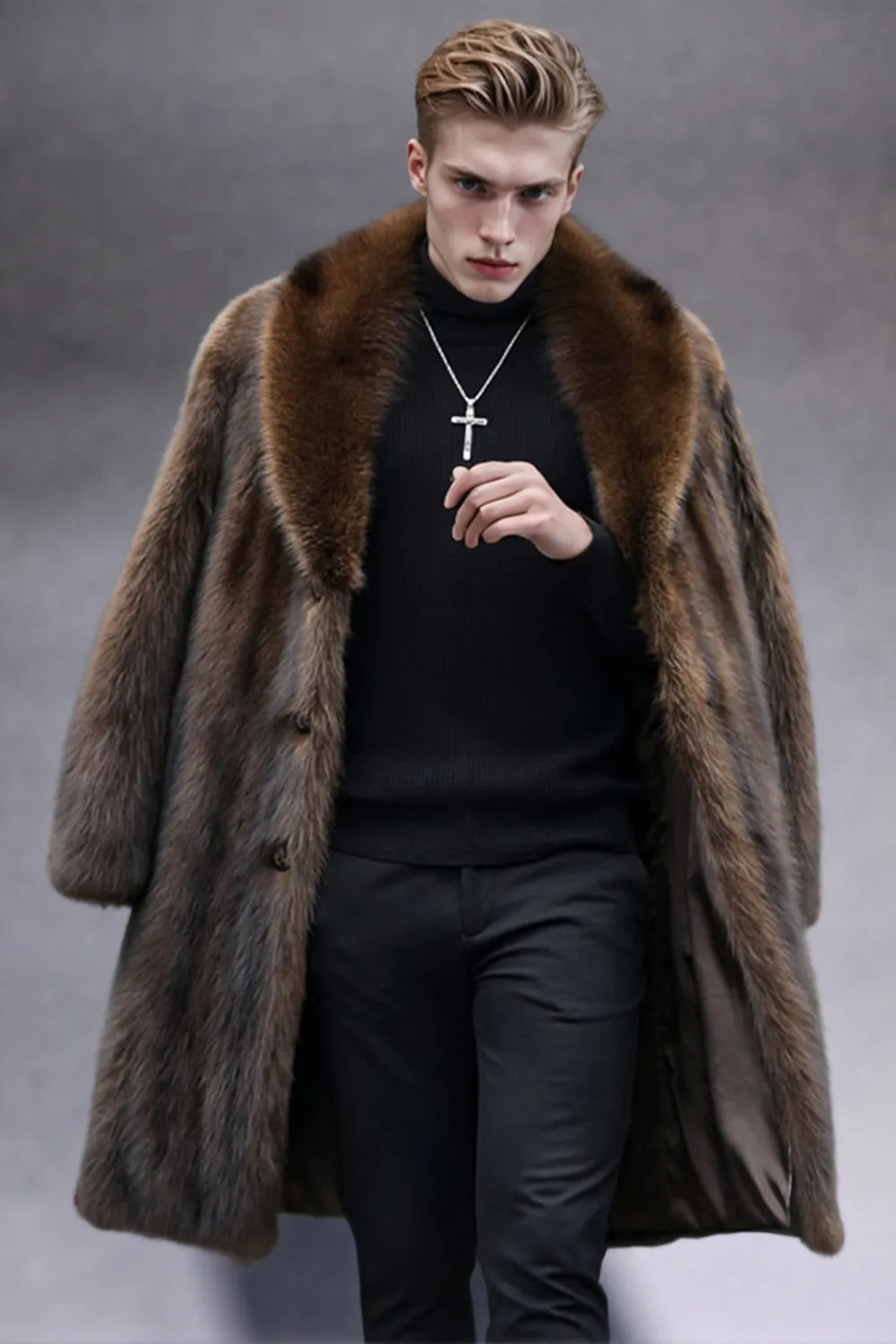 Camel Shawl Lapel Faux Fur Long Men's Coat sold by Zapaka