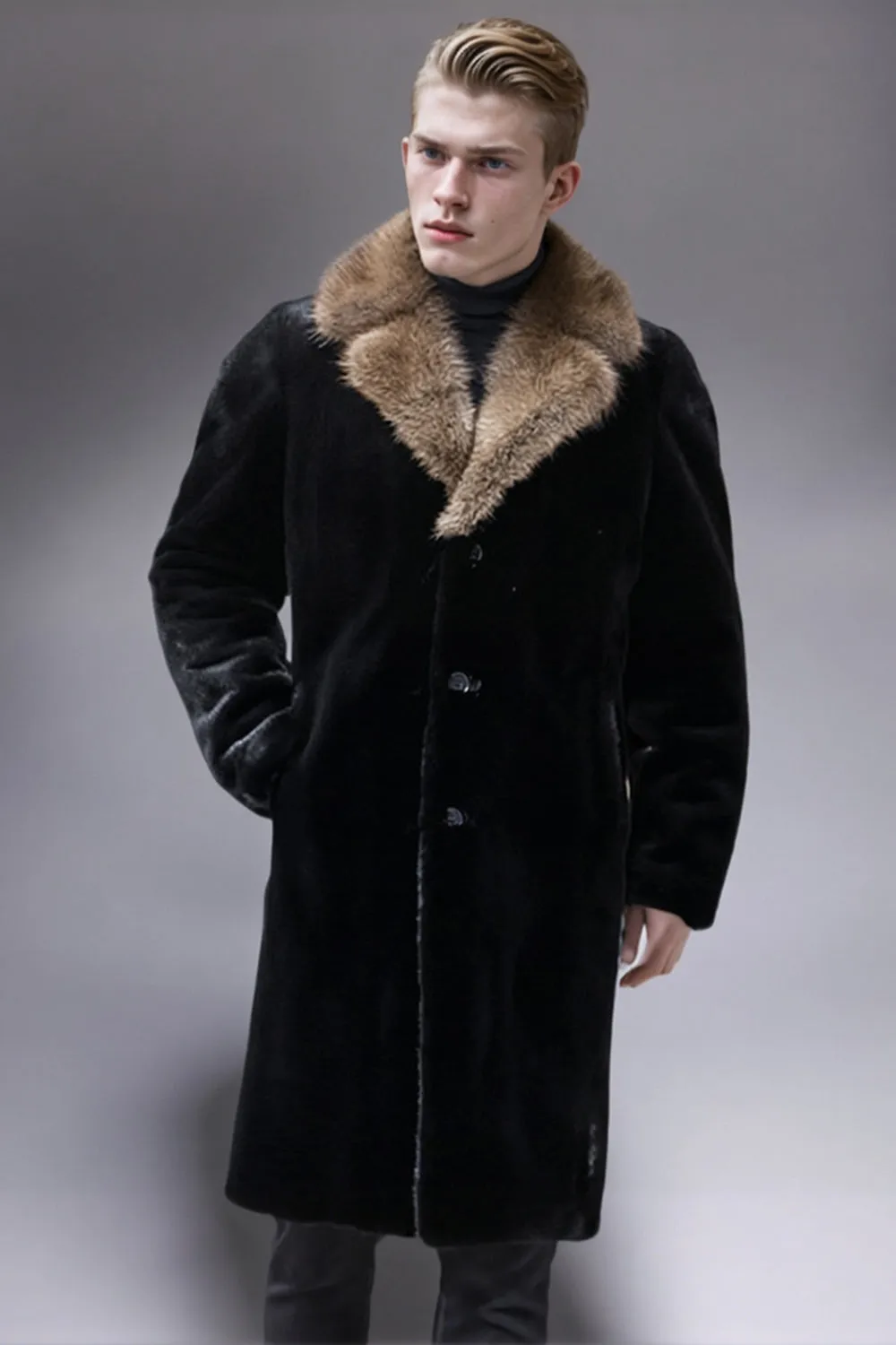 Black Thick Faux Fur Long Men's Winter Coat sold by Zapaka