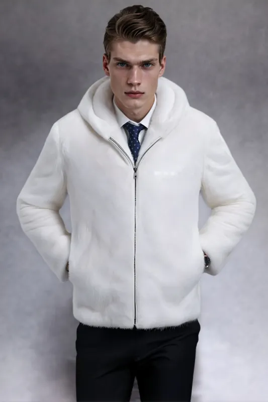 White Thick Hooded Faux Fur Men's Coat sold by Zapaka