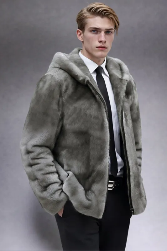 Grey Zip-Up Faux Fur Hooded Men's Winter Coat sold by Zapaka