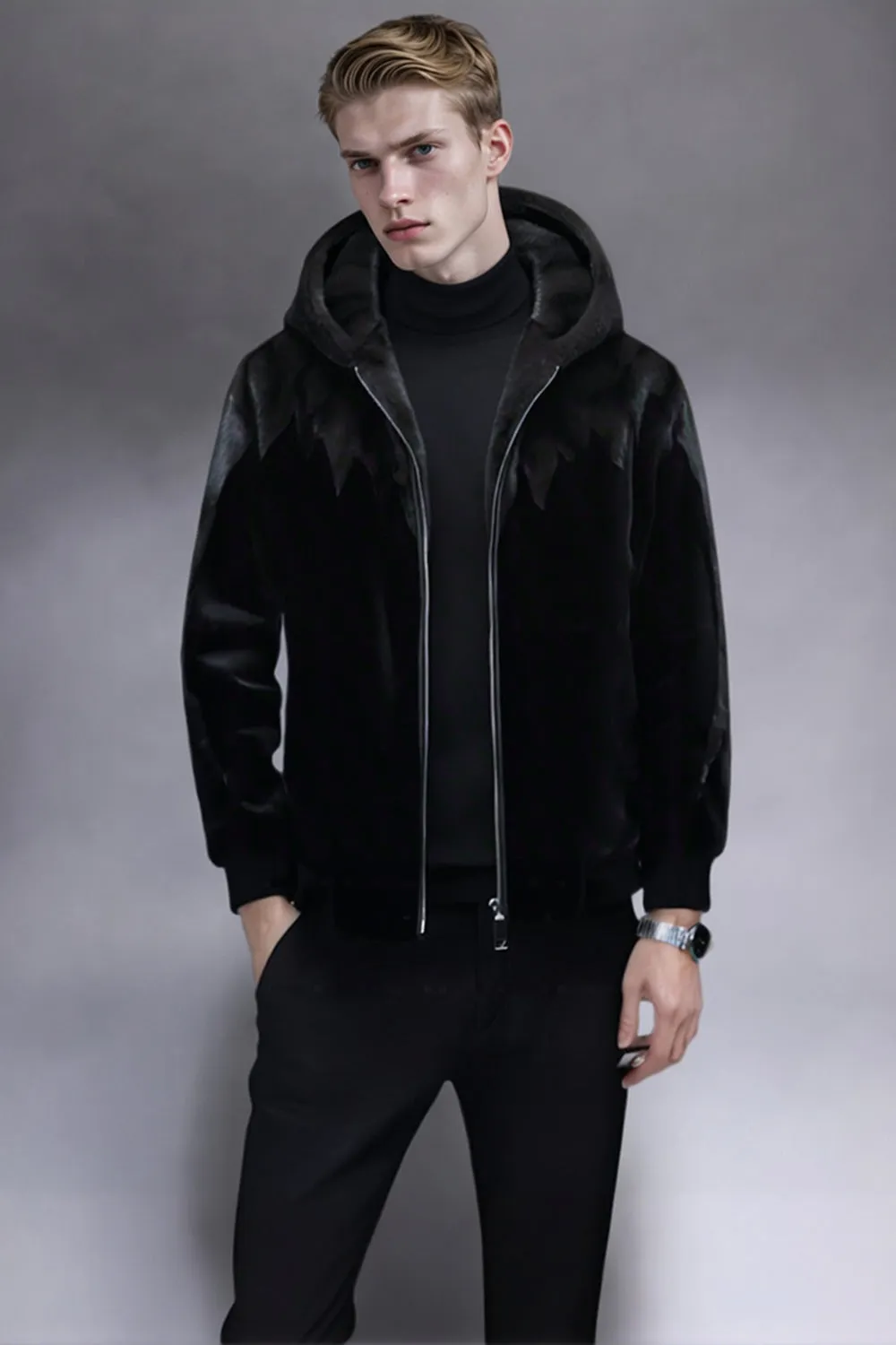 Black and White Faux Fur Zip-Up Hooded Men's Winter Coat sold by Zapaka product image thumbnail 3