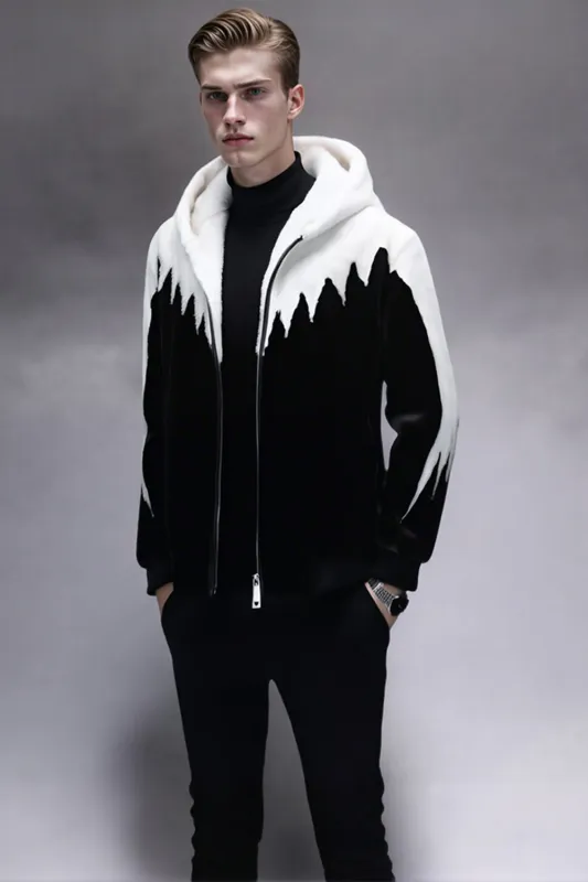 Black and White Faux Fur Zip-Up Hooded Men's Winter Coat sold by Zapaka