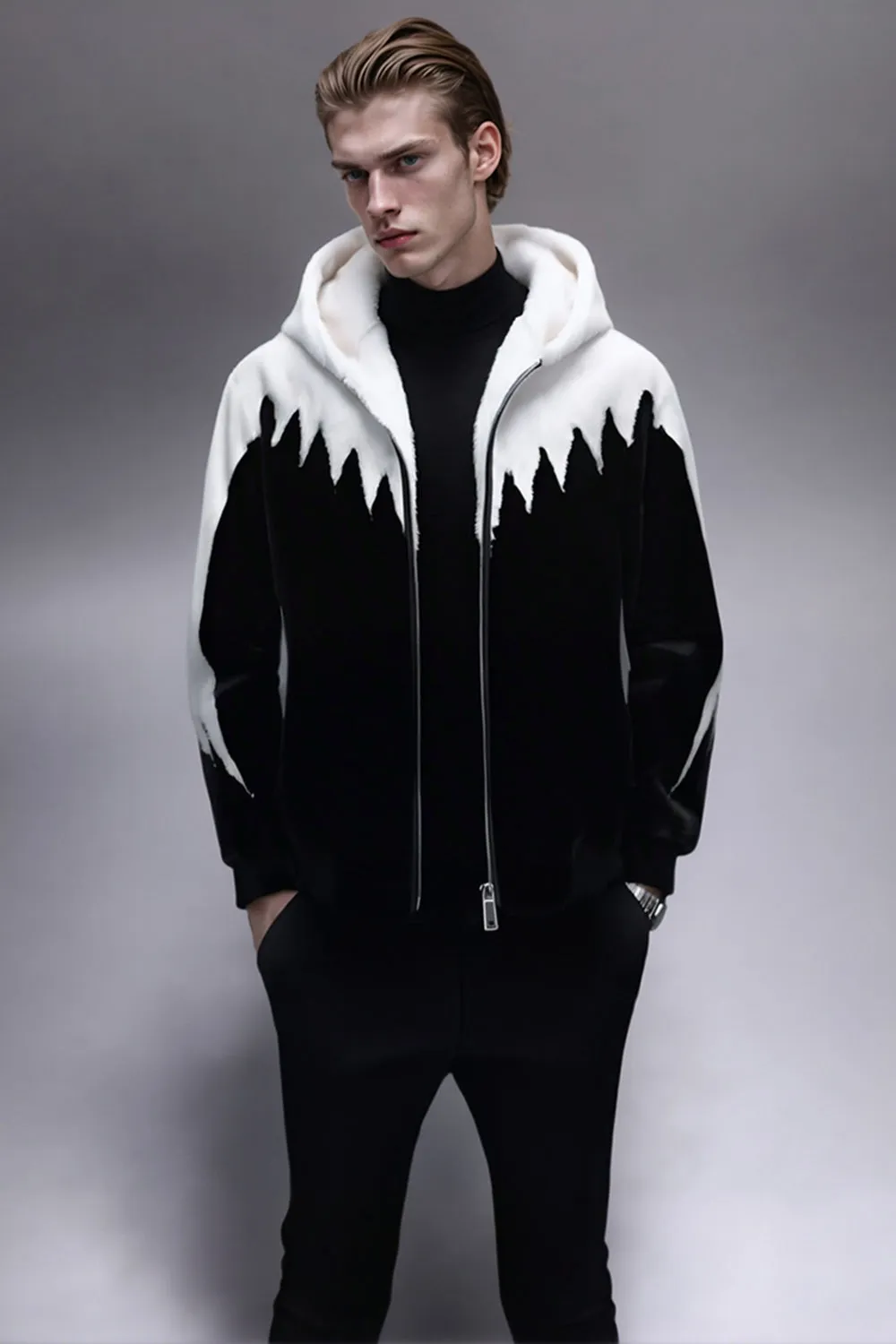 Black and White Faux Fur Zip-Up Hooded Men's Winter Coat sold by Zapaka product image thumbnail 2