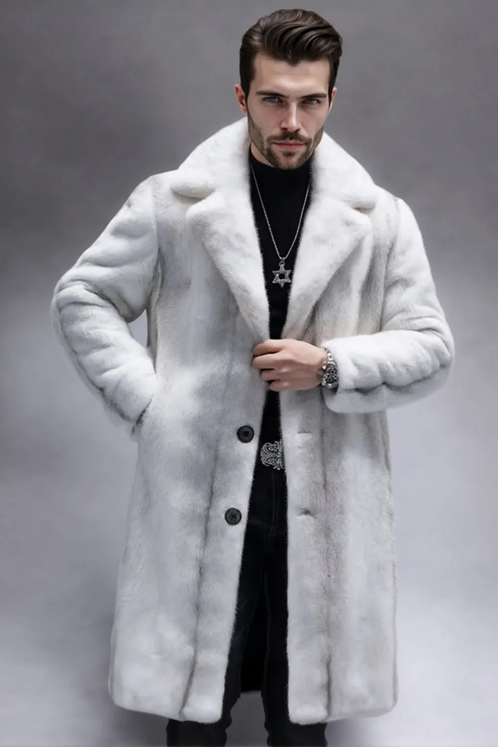 Light Grey Notched Lapel Faux Fur Long Men's Coat sold by Zapaka product image thumbnail 4