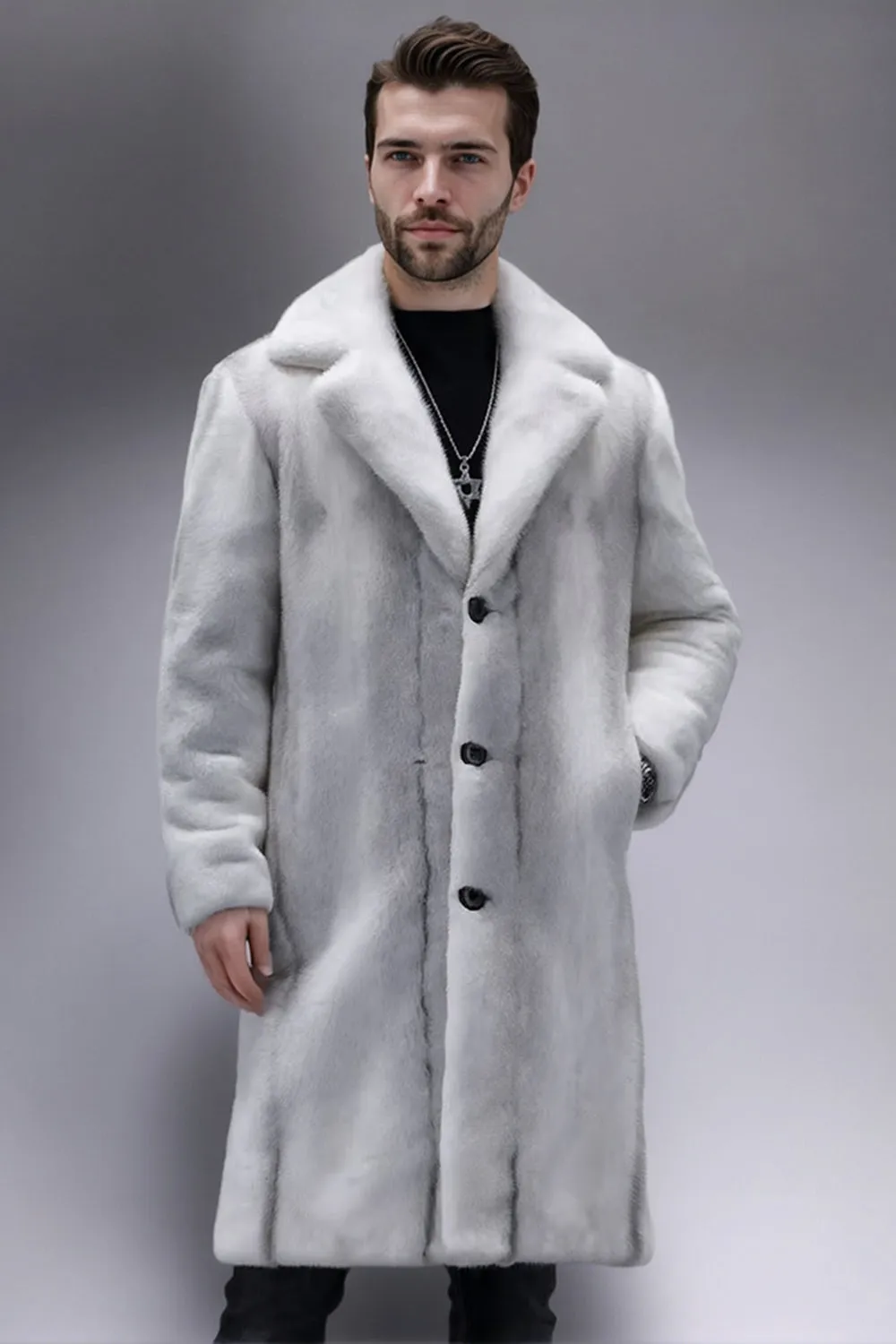 Light Grey Notched Lapel Faux Fur Long Men's Coat sold by Zapaka