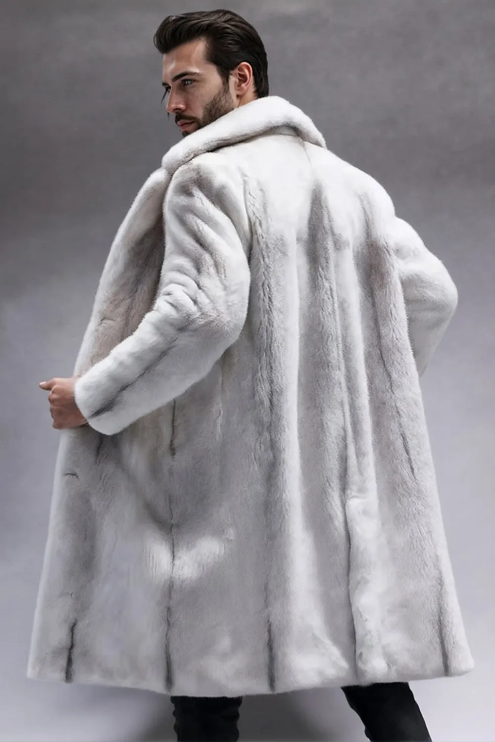 Light Grey Notched Lapel Faux Fur Long Men's Coat sold by Zapaka product image thumbnail 2