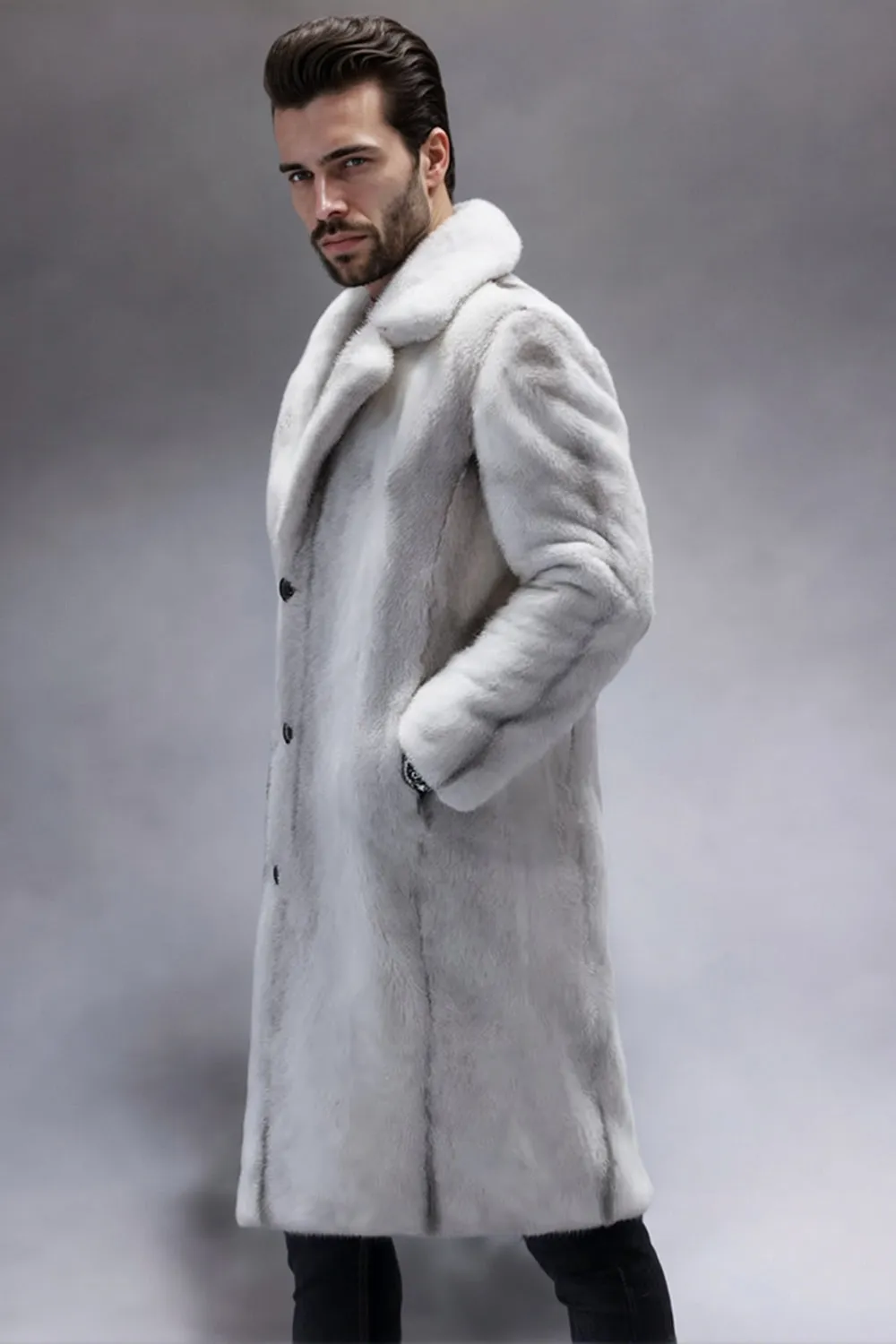 Light Grey Notched Lapel Faux Fur Long Men's Coat sold by Zapaka product image thumbnail 3