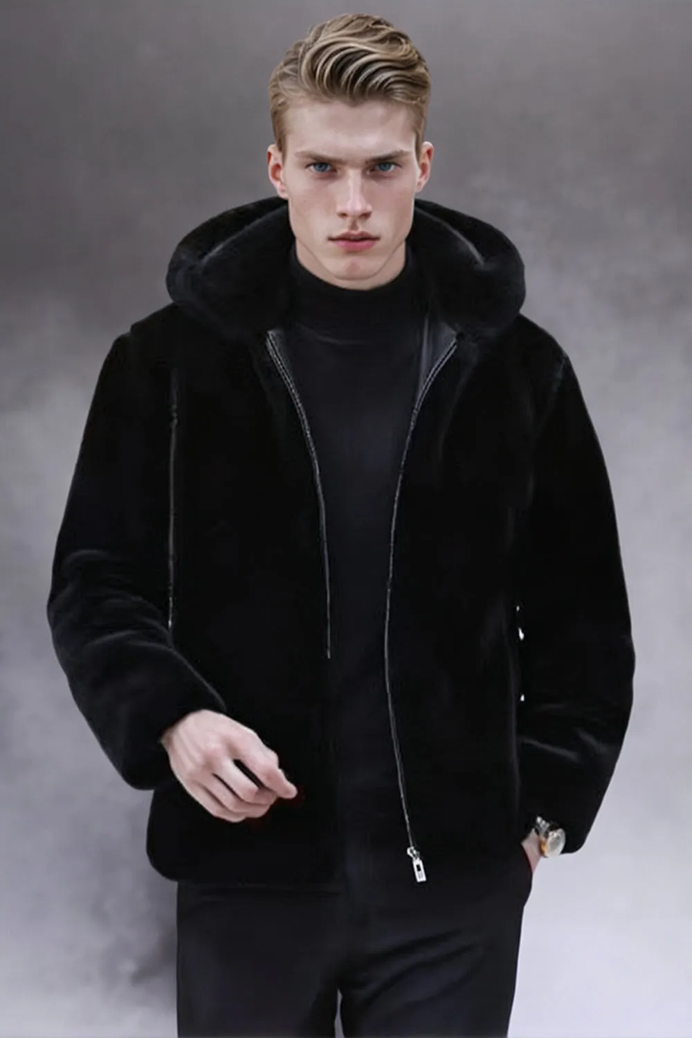 Black Faux Fur Hooded Zip-Up Long Sleeve Men's Winter Coat sold by Zapaka