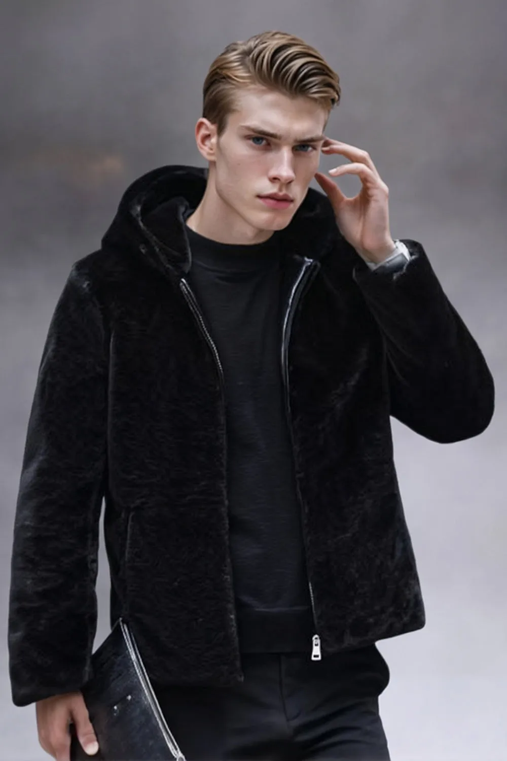 Black Faux Fur Hooded Zip-Up Long Sleeve Men's Winter Coat sold by Zapaka product image thumbnail 3