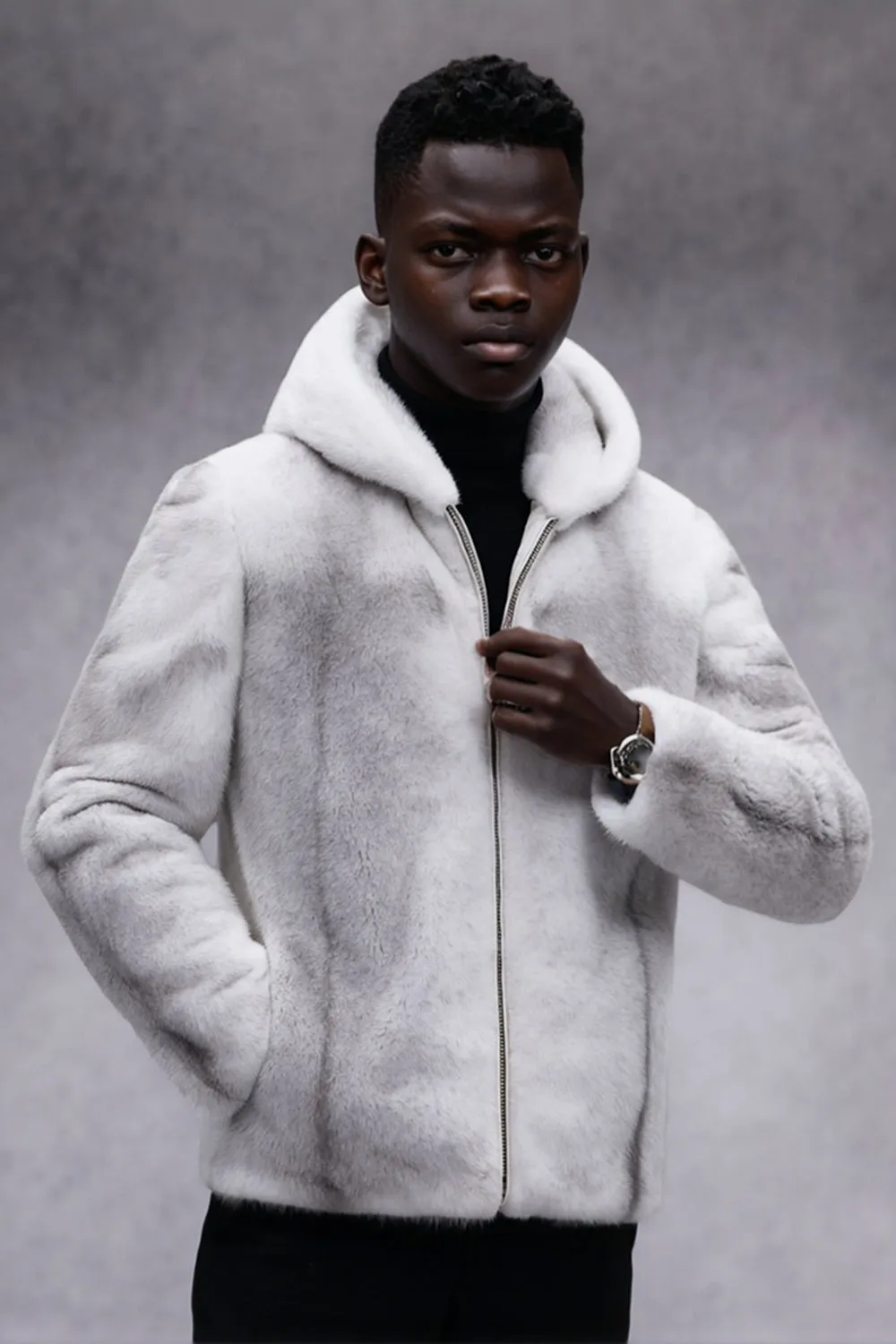 White Faux Fur Zip-Up Hooded Long Sleeve Men's Winter Coat sold by Zapaka product image thumbnail 3