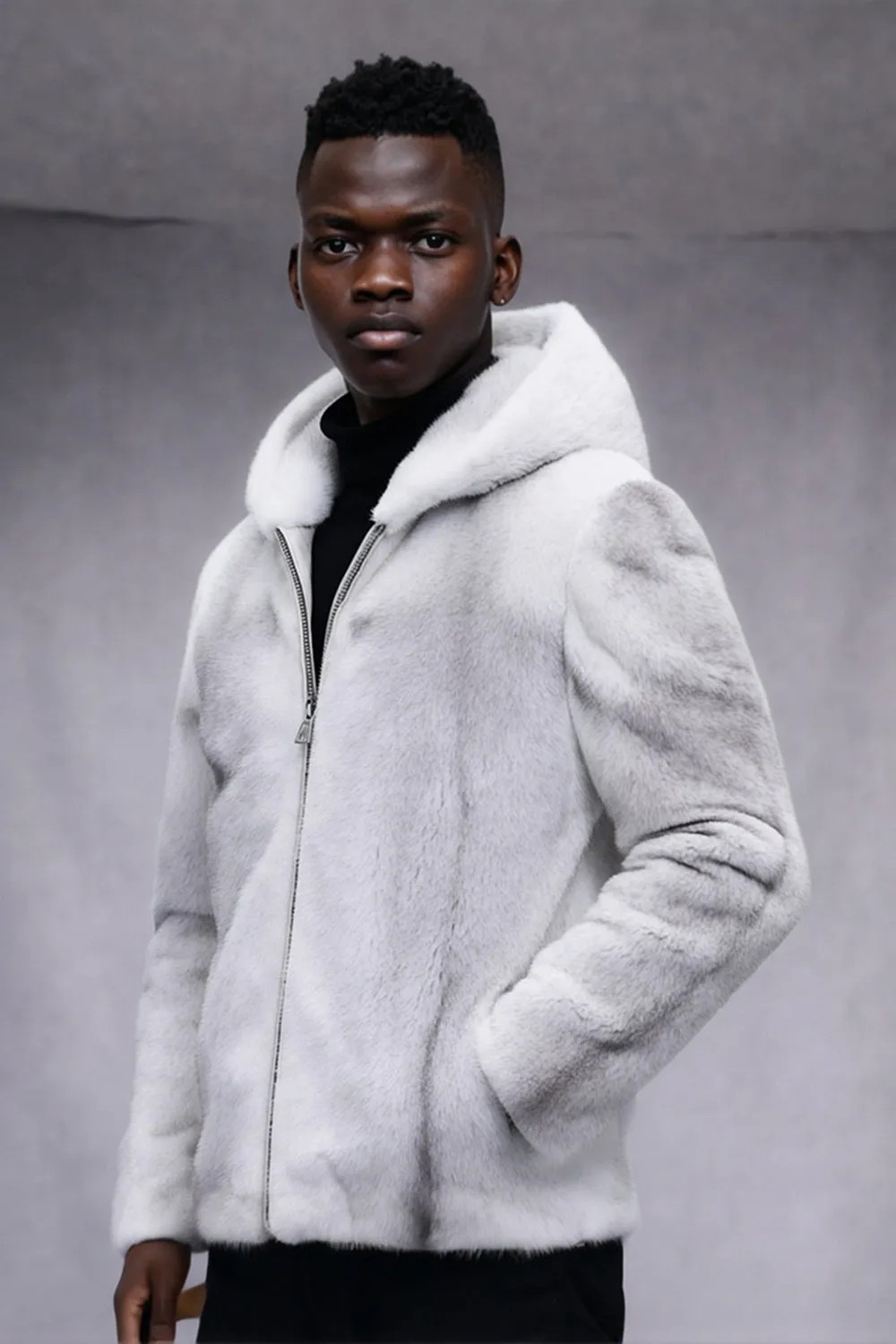 White Faux Fur Zip-Up Hooded Long Sleeve Men's Winter Coat sold by Zapaka