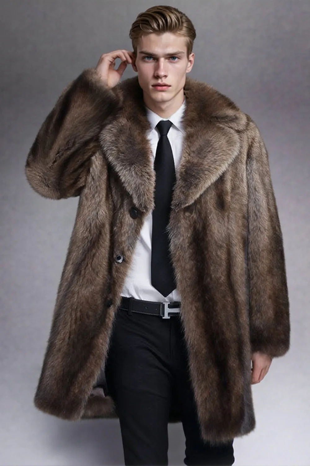 Camel Notched Lapel Thick Faux Fur Long Men's Coat sold by Zapaka product image thumbnail 3