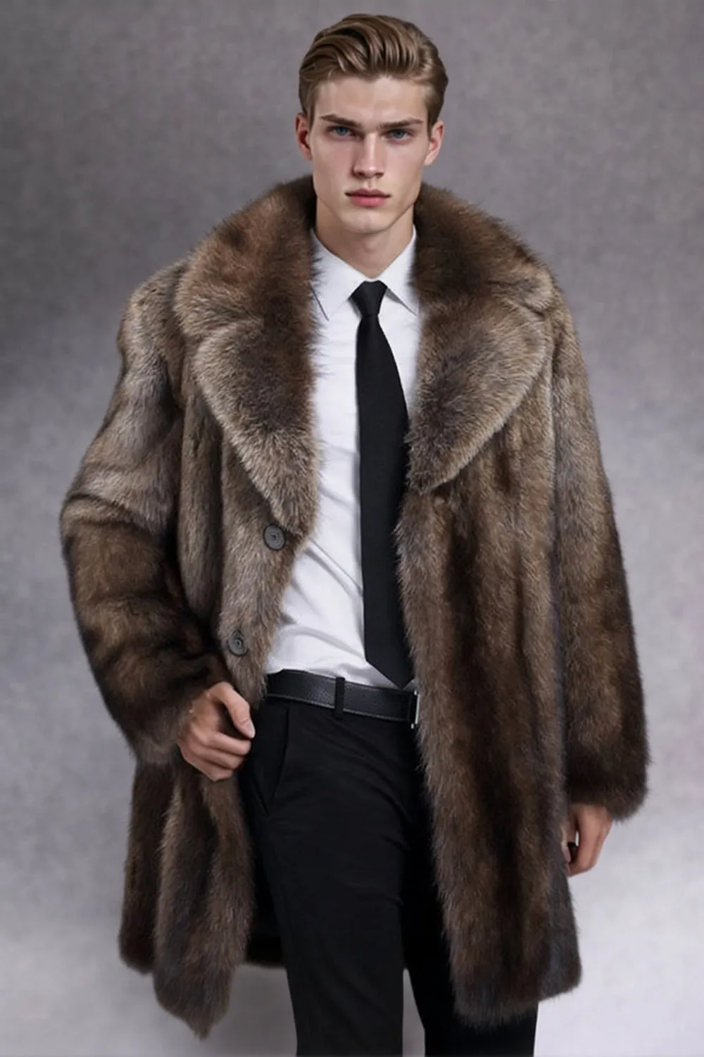 Camel Notched Lapel Thick Faux Fur Long Men's Coat sold by Zapaka product image thumbnail 4