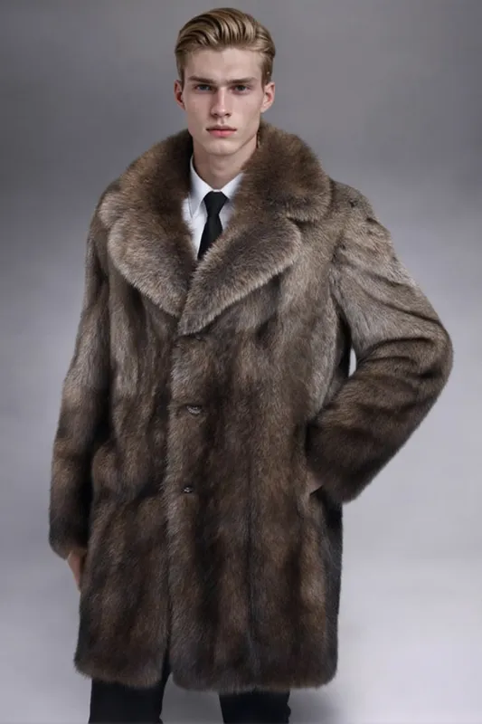Camel Notched Lapel Thick Faux Fur Long Men's Coat sold by Zapaka