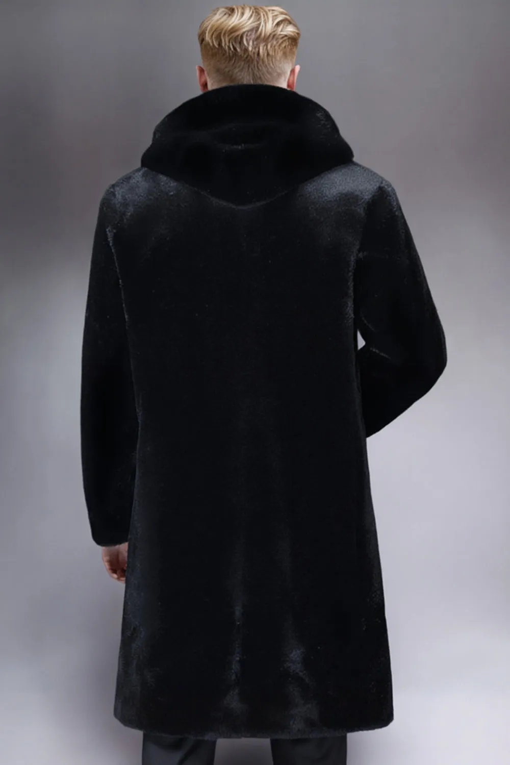 Black Faux Fur Hooded Long Men's Coat sold by Zapaka product image thumbnail 2