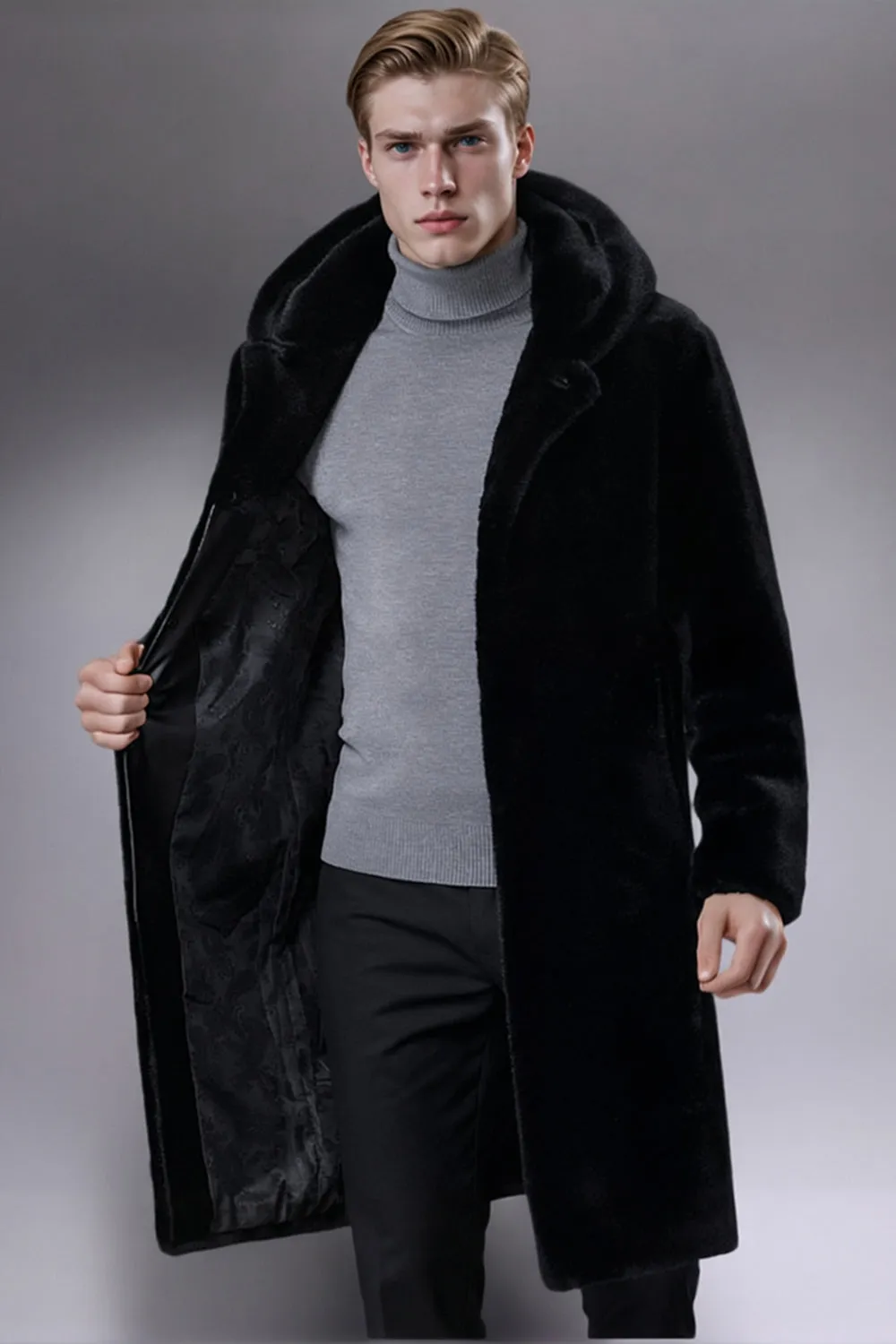 Black Faux Fur Hooded Long Men's Coat sold by Zapaka product image thumbnail 3