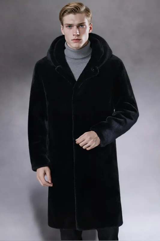 Black Faux Fur Hooded Long Men's Coat sold by Zapaka