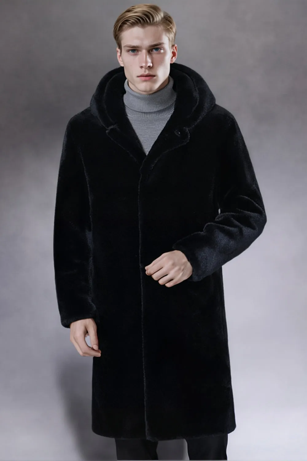 Black Faux Fur Hooded Long Men's Coat sold by Zapaka