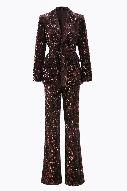 Coffee 2 Piece Peak Lapel Sequin Women's Prom Suit with Belt sold by Zapaka