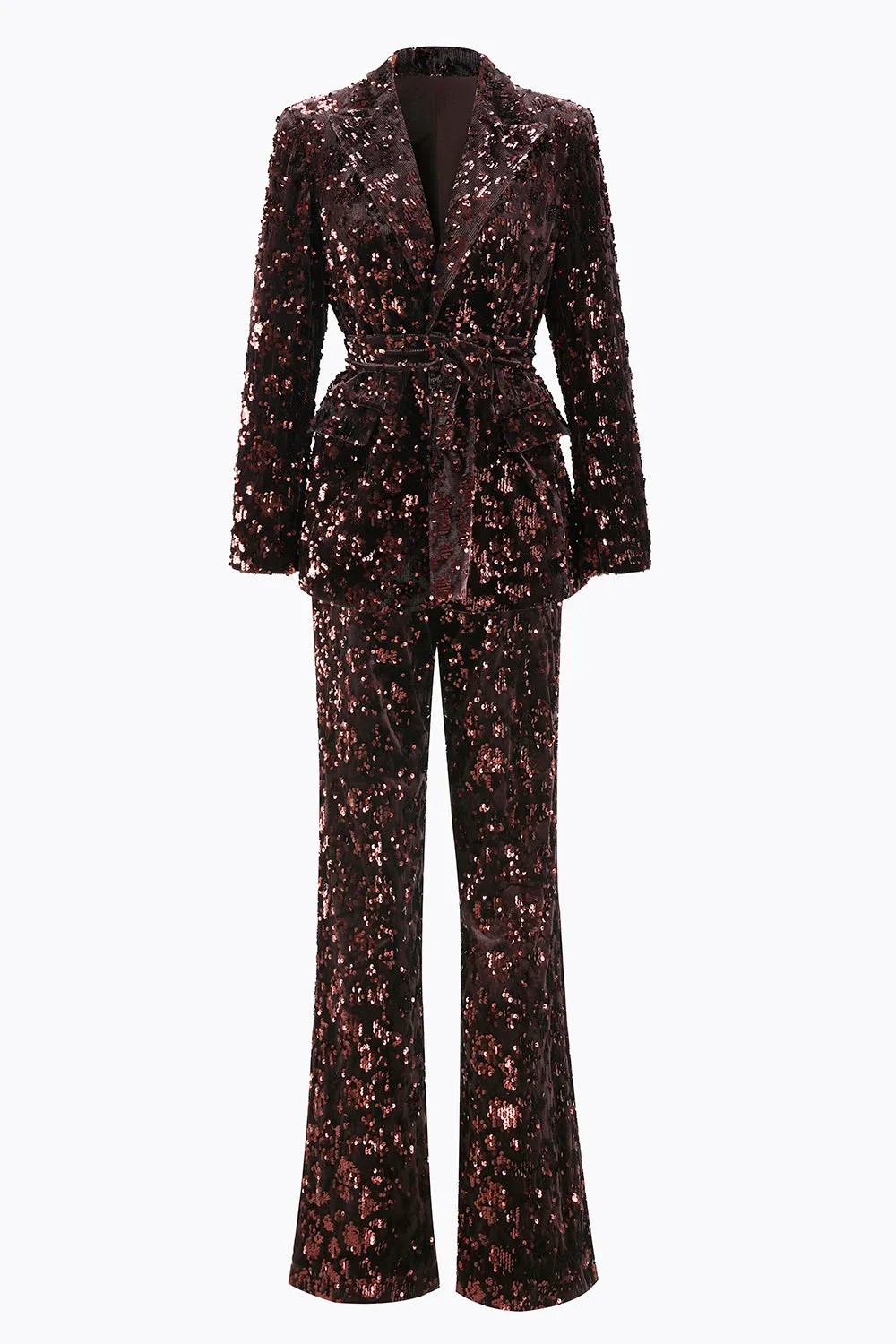 Coffee 2 Piece Peak Lapel Sequin Women's Prom Suit with Belt sold by Zapaka