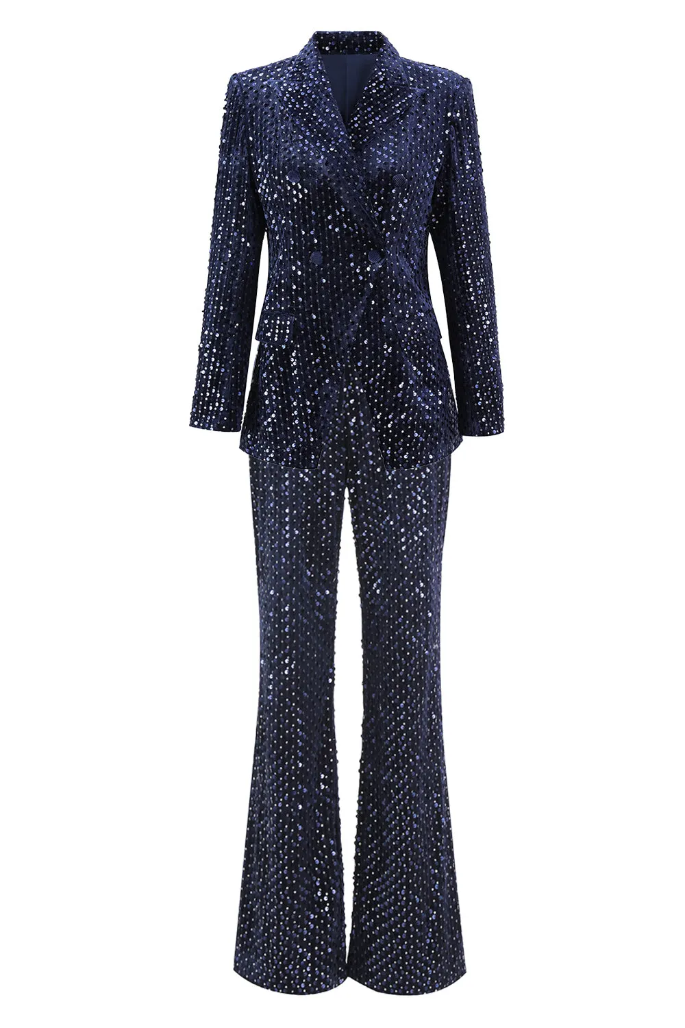 2 Piece Sequin Peak Lapel Double Breasted Navy Women's Prom Suit sold by Zapaka