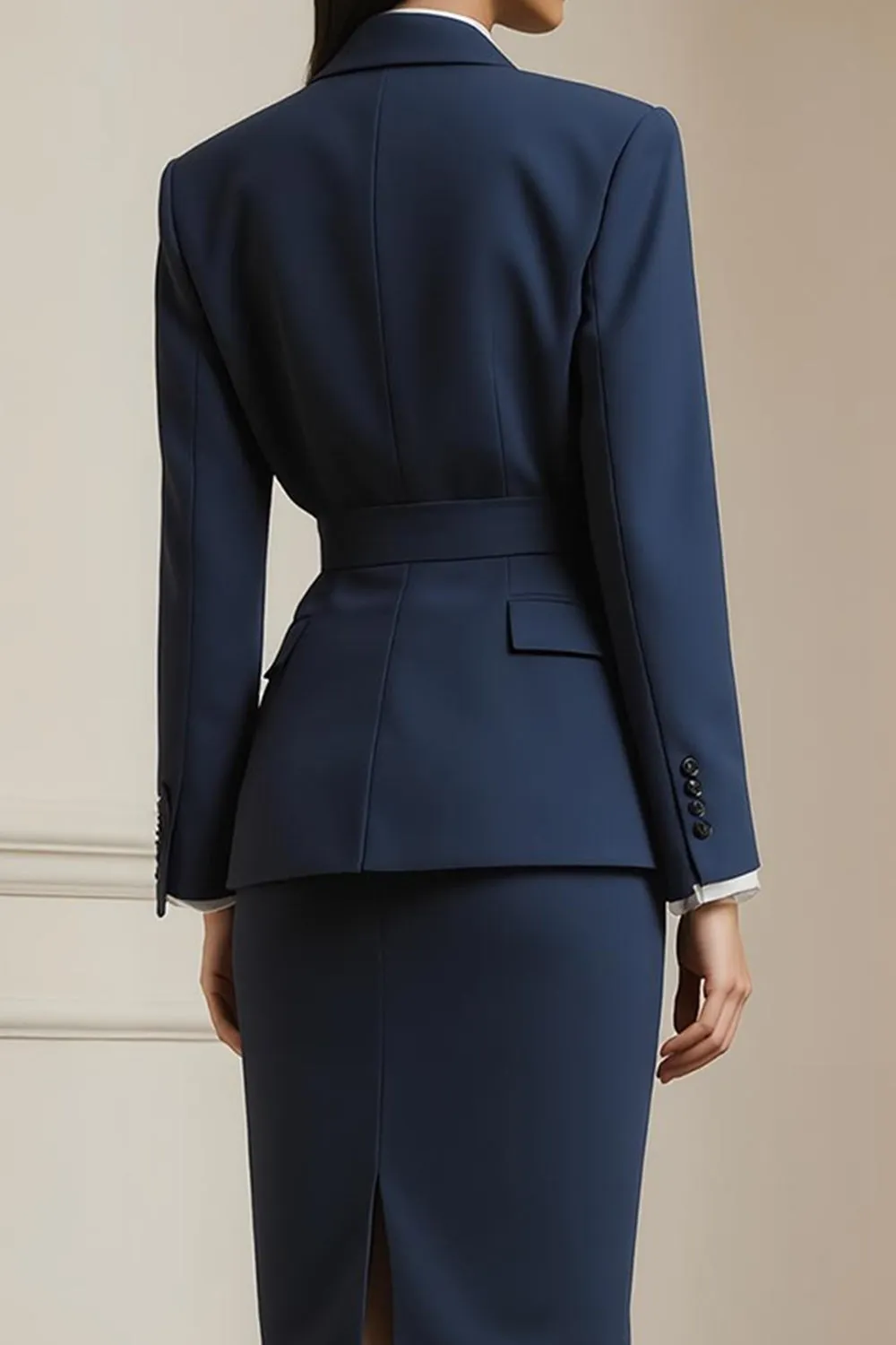 Navy 2 Piece Peak Lapel Pencil Midi Business Suits with Belt sold by Zapaka product image thumbnail 3