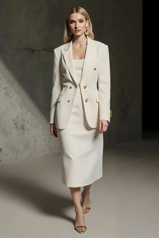 Ivory 2 Piece Notched Lapel Pencil Midi Business Suits sold by Zapaka