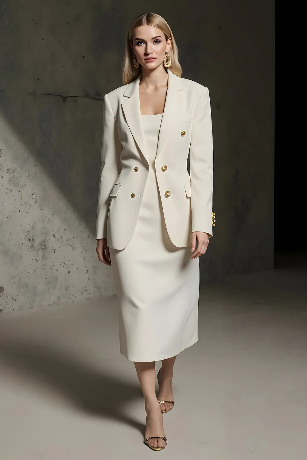 Ivory 2 Piece Notched Lapel Pencil Midi Business Suits sold by Zapaka
