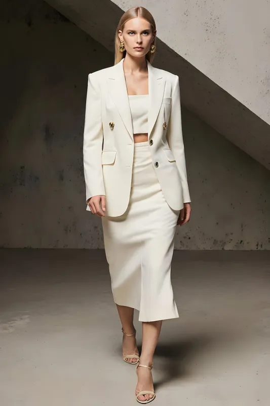 Ivory 2 Piece Peak Lapel Pencil Midi Business Suits sold by Zapaka